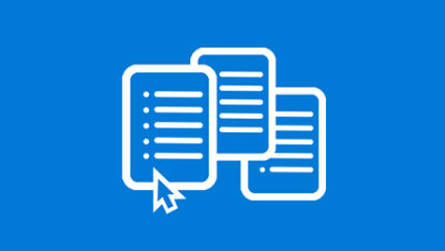 An icon of three white computer screens displaying information and a mouse cursor hovering over one of the screens