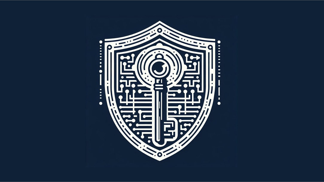 An illustration of a key on a shield with cyber lines on a dark blue background