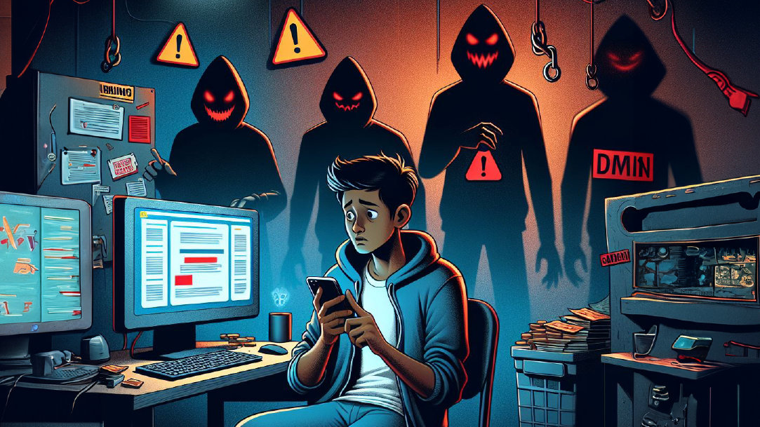 An illustration of a young man who is a victim of scammers on his devices