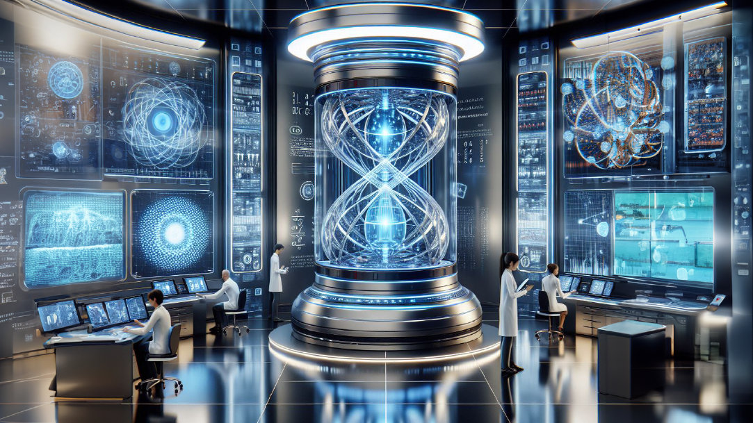 An illustration that shows a futuristic laboratory representing quantum computing