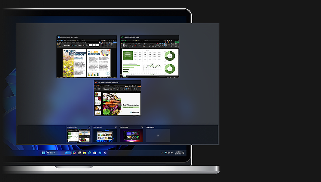 Een afbeelding op het scherm met vensters in een aangepaste desktopgroepering.