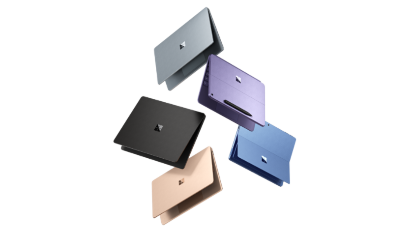 An image of Microsoft Surface Pro 11ᵗʰ Edition with Pro keyboard and Surface Laptop 7ᵗʰ Edition with Copilot+ PC Bloom pictured on screen