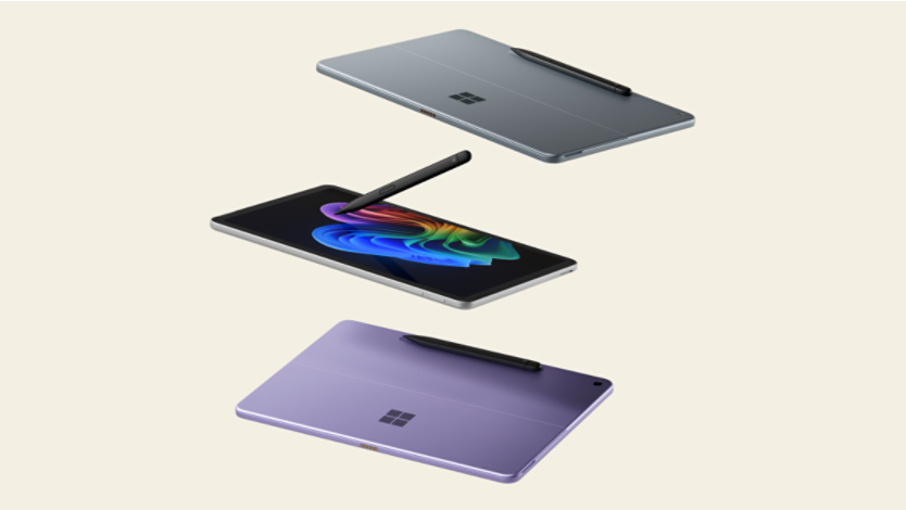 An image of Surface Pro that shows it as tablet and a laptop floating in the air