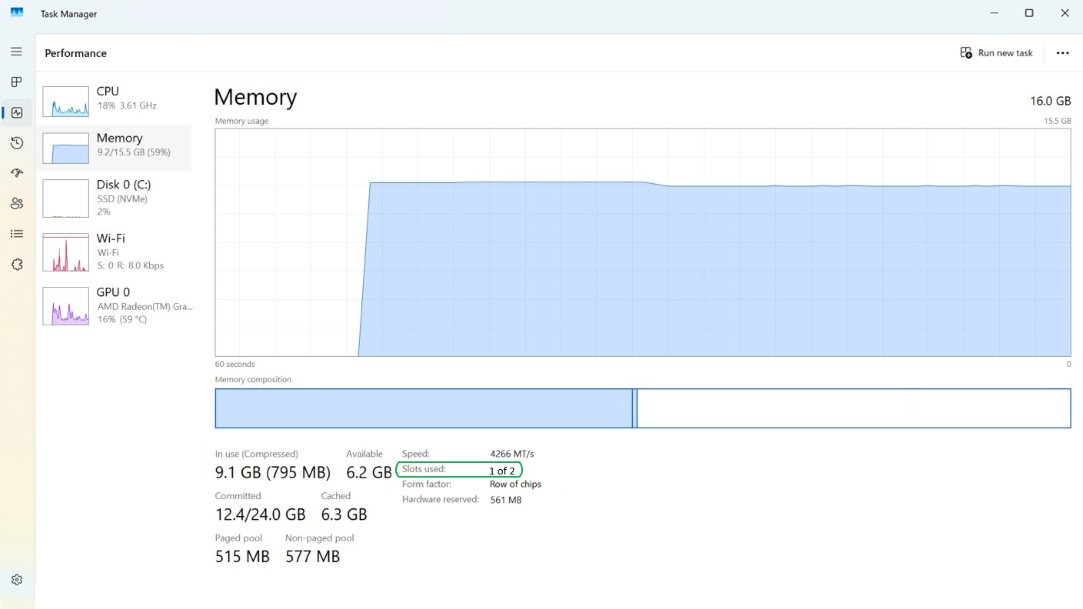 An image of Task Manager in Windows displaying the Memory tab and 1 of 2 RAM slots in use