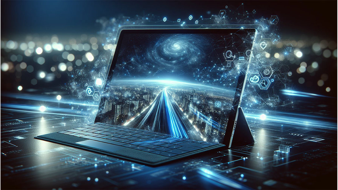 An image of a Surface Pro faintly glowing with digital neon hovering in front of a futuristic city scape displaying neon-like networking lines and fast speed