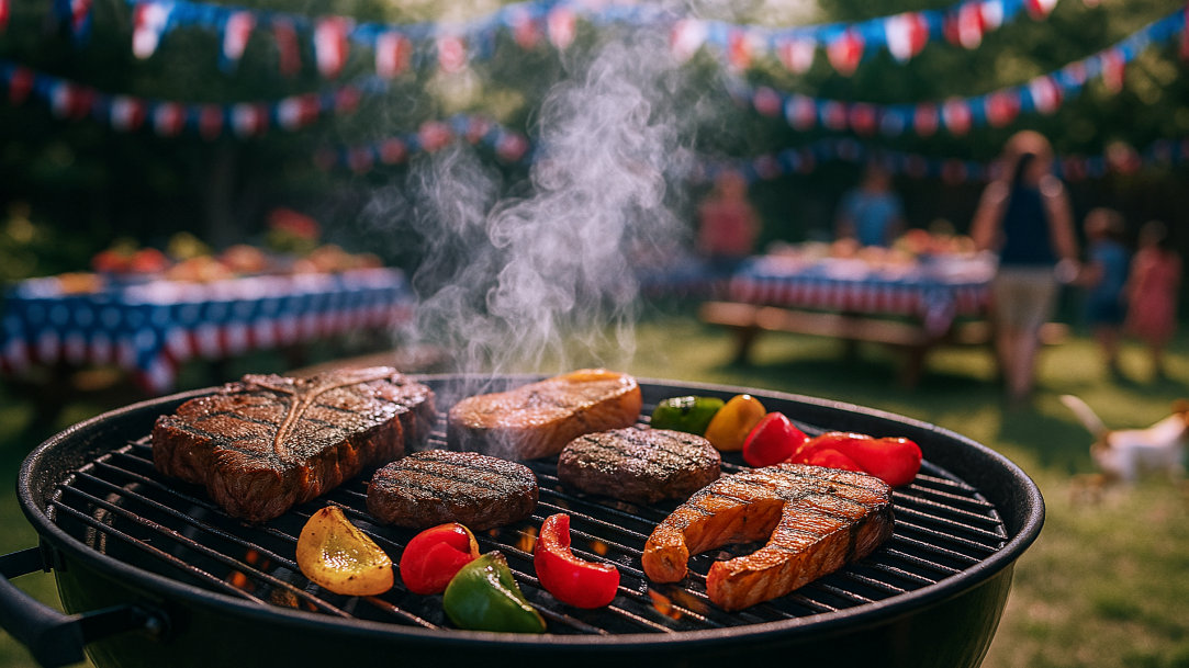 An image of a barbeque with steaks, salmon, and vegetables on the grill