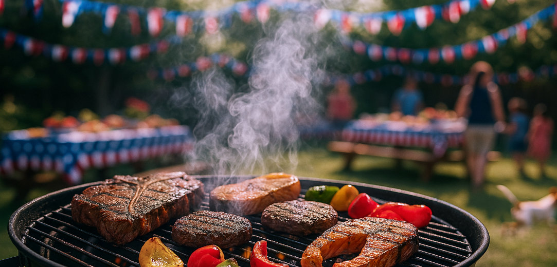 An image of a barbeque with steaks, salmon, and vegetables on the grill
