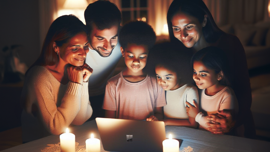 An image of a family gathered around a laptop surrounded by soft, festive light