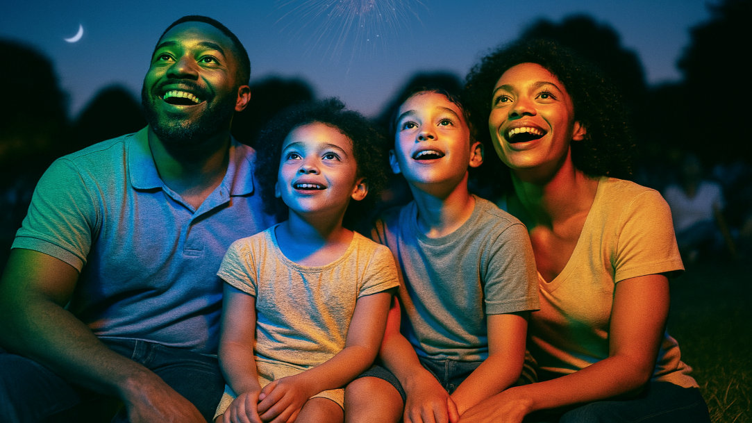 An image of a family of four sitting and enjoying a fourth of July fireworks display