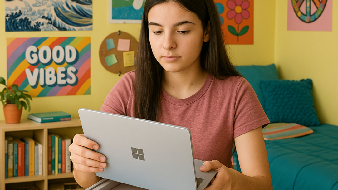 An image of a high school aged girl unboxing a Surface Laptop