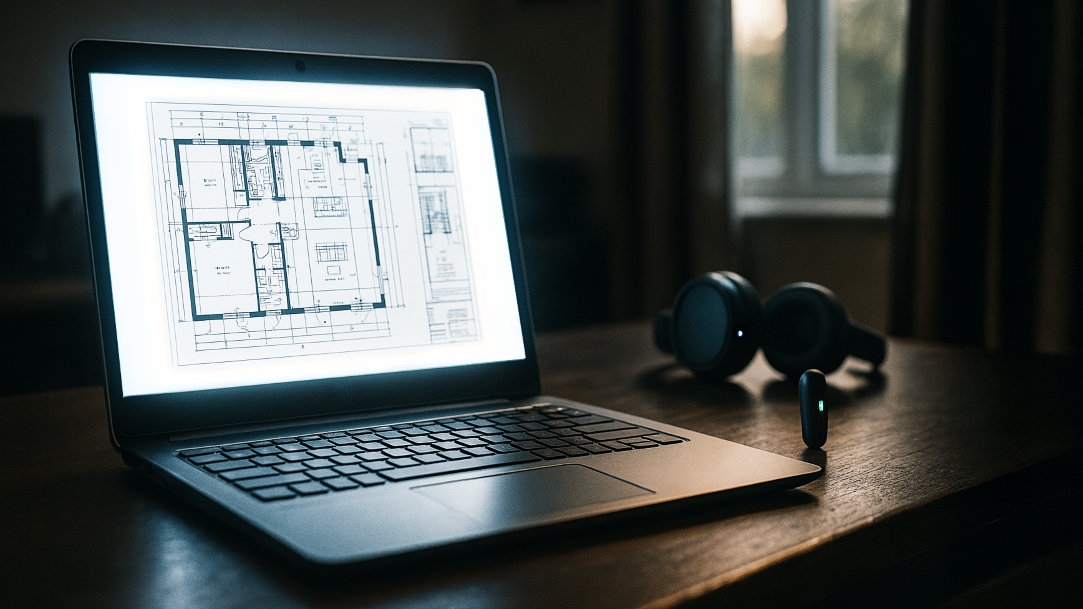 An image of a laptop displaying an architectural drawing