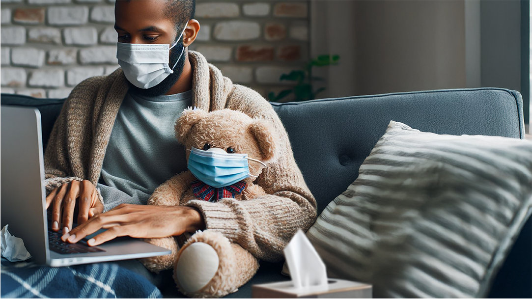 An image of a man with a cold next to a teddy bear, on his couch using a laptop