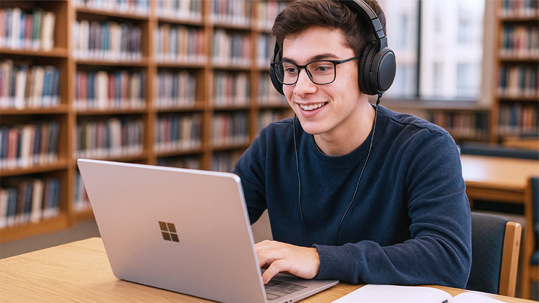 An image of a student wearing headphones and sitting in a library working on a Surface Laptop