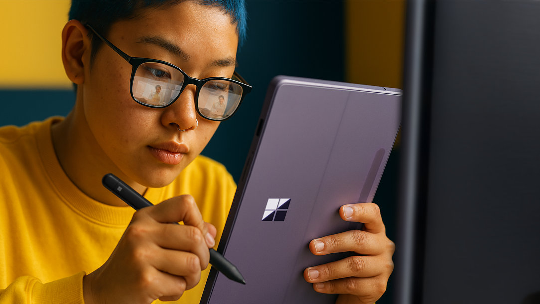 An image of a teen sitting with a Surface Pro in tablet mode with a Surface Slim Pen, and the reflection of her eyeglasses reflects the online course or lecture going on the screen