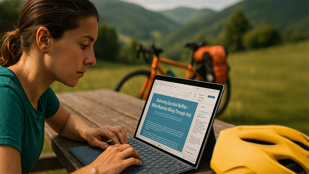 Una imagen de una bloguera de viajes tomándose un descanso de su recorrido en bicicleta por las montañas para escribir en su blog.
