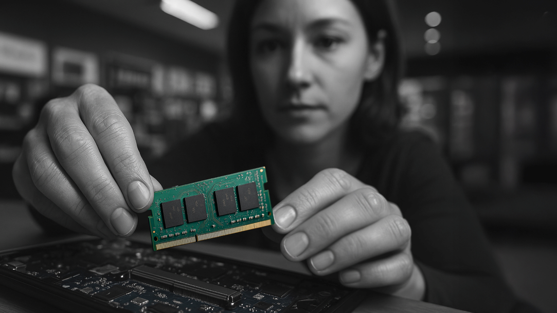 An image of a woman adding RAM to a computer motherboard