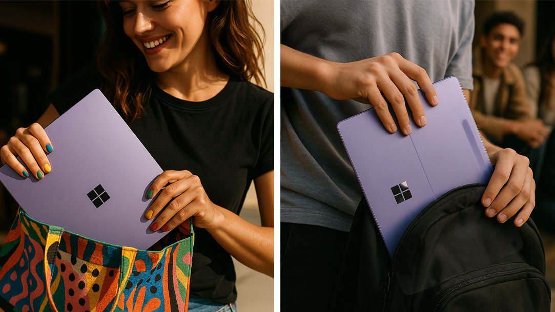 An image of a woman placing a Surface Laptop into a bag and of a man placing a Surface Pro into a backpack