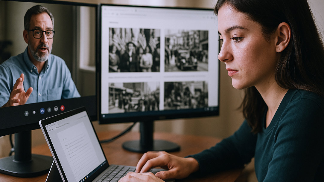 An image of a woman using a Surface Pro with dual monitors