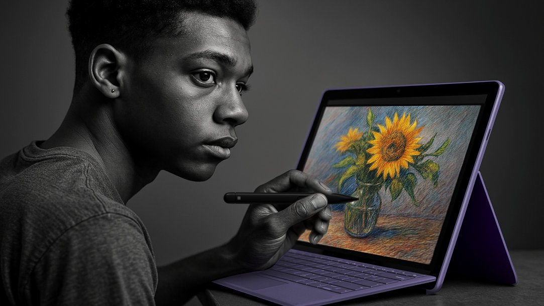 An image of a young man using a Surface Pro and Surface Slim Pen for drawing a still life of sunflowers