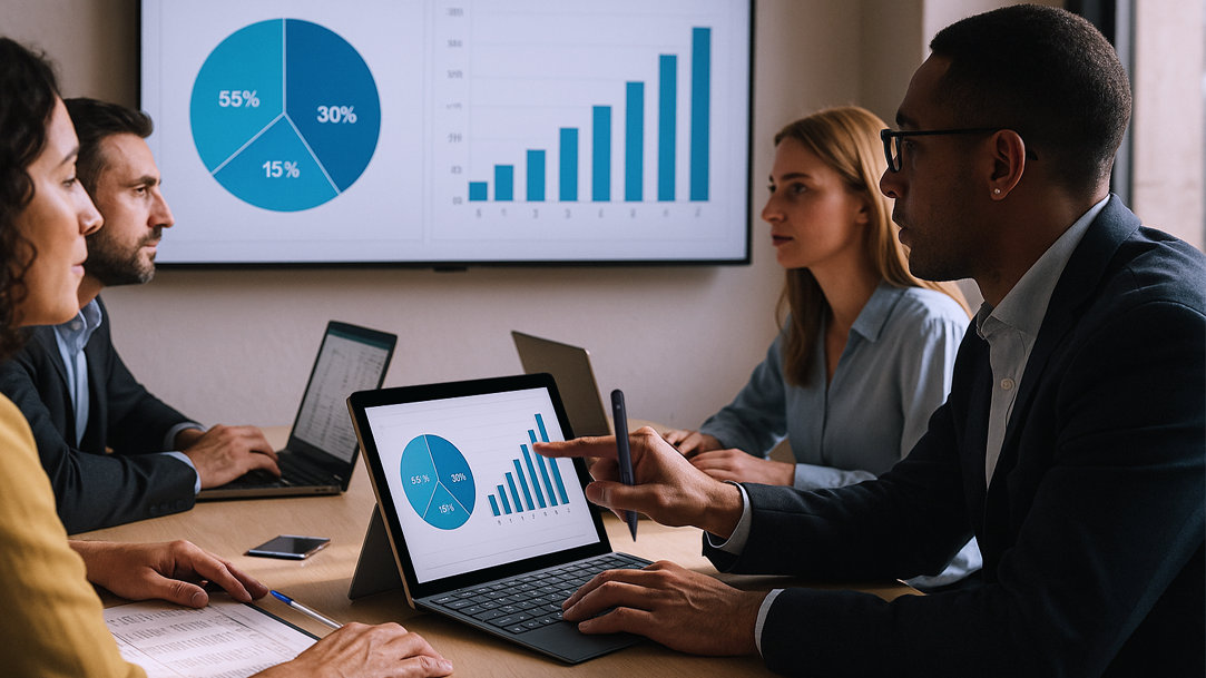 An image of four professionals in a conference room looking at graphs displayed on a large monitor mounted to the wall