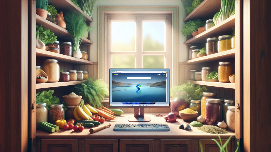 An image of shelves flourishing with vegetables, spices, and grains with a Windows PC sitting on a table and Microsoft Edge displayed on the screen