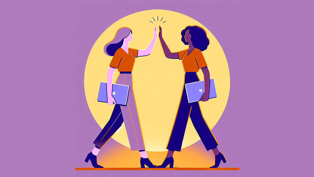 An image of two female colleagues who are doing a high-five with a glowing, yellow circle background and walking with Surface laptops in their hands