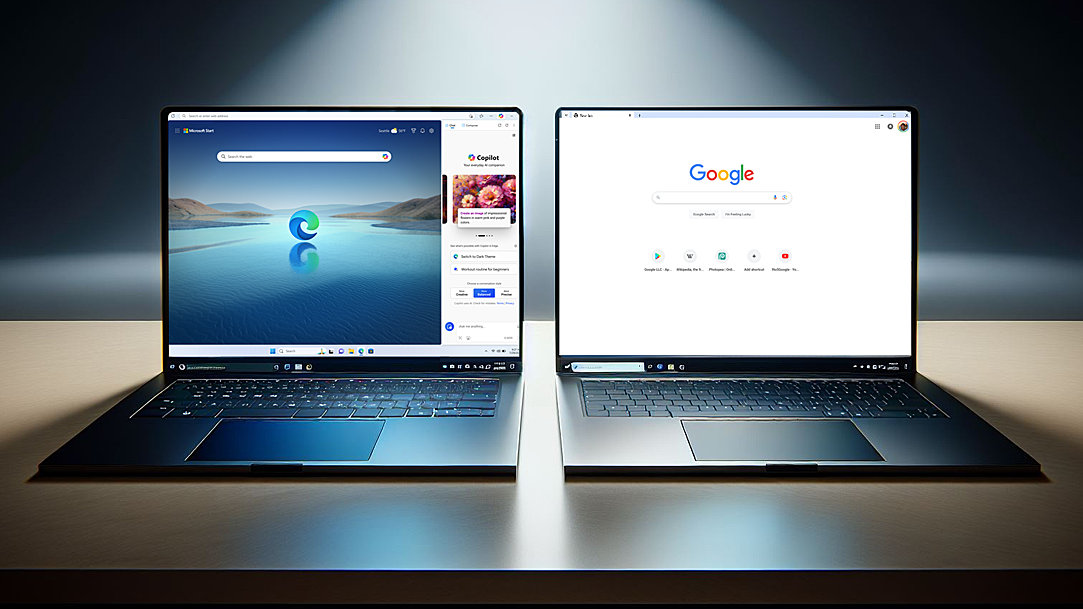 An image of two laptops side-by-side on a table with Edge browser on one screen and Chrome browser on the other screen