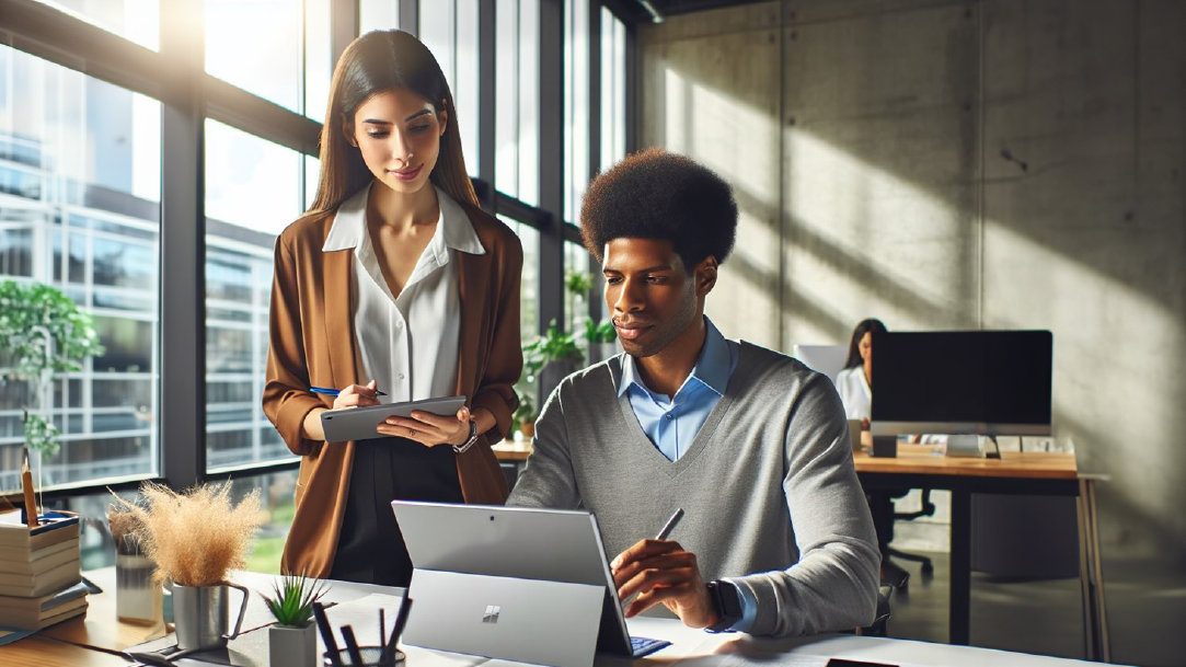 An image of a woman standing with a man at a desk, collaborating and using their Surface devices