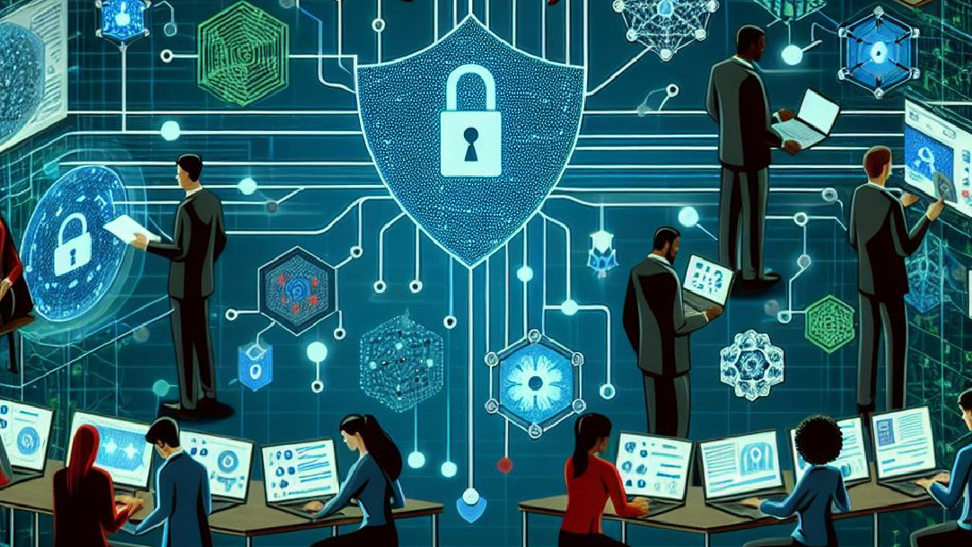 An image representing cybersecurity networks and women and men working with security