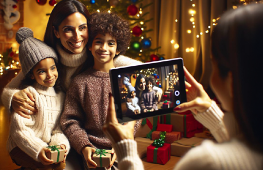 An image showing a woman using a Surface AI camera to take a holiday photo of a woman and two children