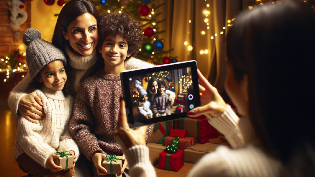 An image showing a woman using a Surface AI camera to take a holiday photo of a woman and two children