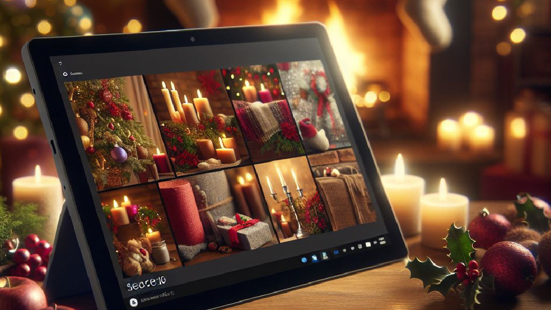 An image that shows a Surface device in a holiday scene. The Surface device displays candles, apples, ornaments, and trees