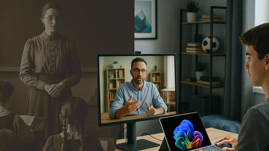 An image that shows an old-style classroom with wooden desks, students reading textbooks, and a teacher at the front of the room in contrast with a modern remote learning experience of a student using a Surface Pro at a desk in his room while attending an online meeting with his professor