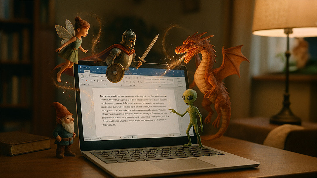 An open Word document on a Windows Surface laptop with fantastical characters emerging from the screen