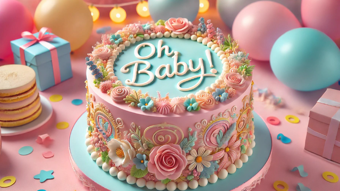 An ornate cake for a baby shower