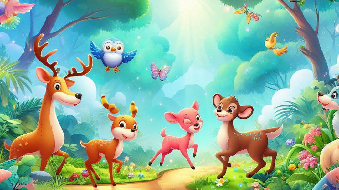 Animated animals in a bright and lively forest