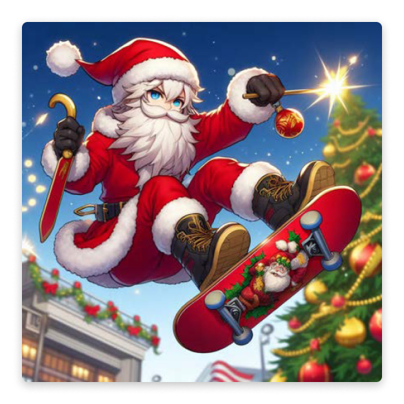 Anime-style Santa Claus doing a kickflip on a skateboard
