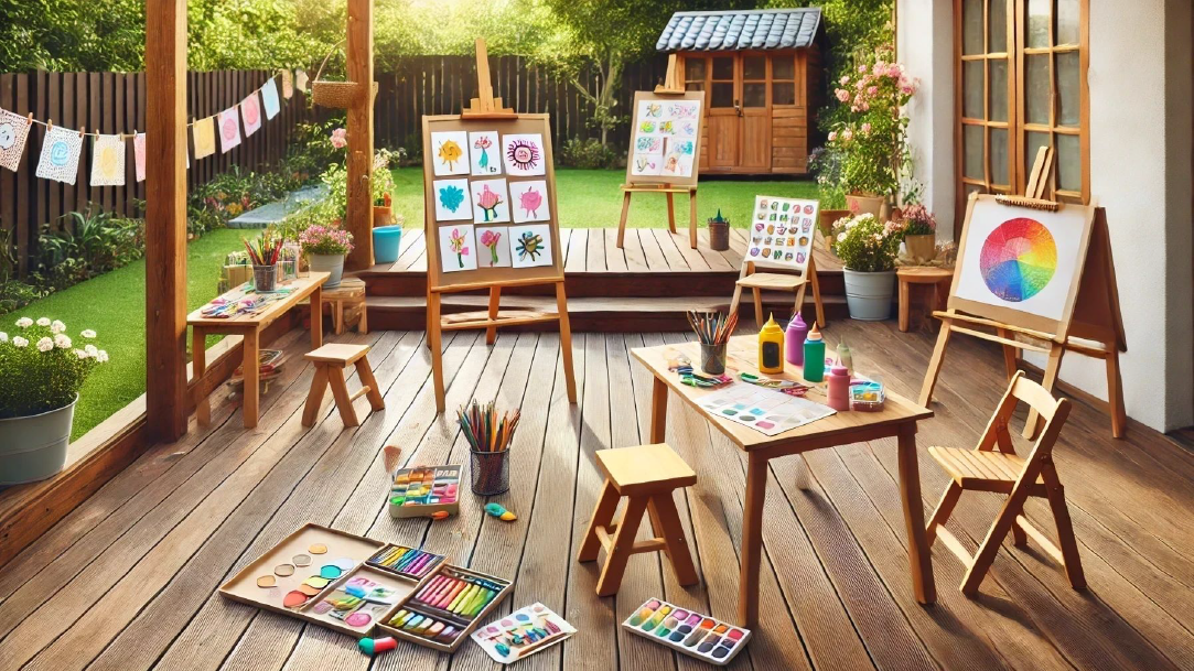 Art supplies and stations on a backyard patio