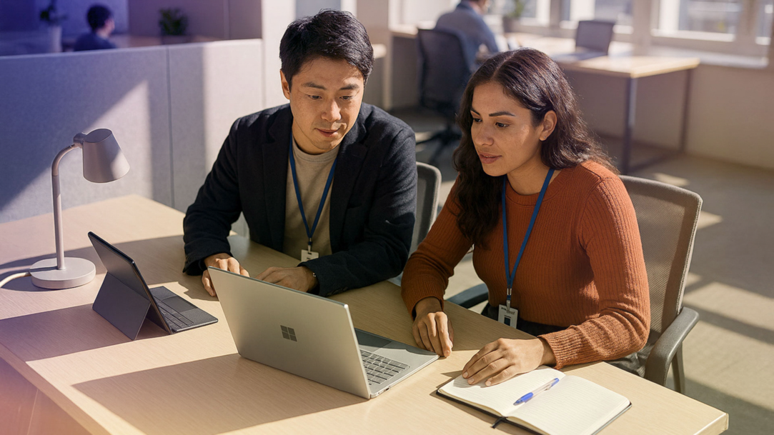 Two office workers talking together with open laptops sitting at a desk with a lamp and notebook