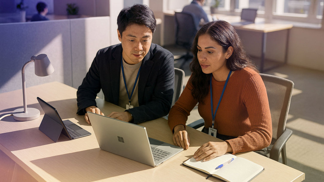 Two office workers talking together with open laptops sitting at a desk with a lamp and notebook