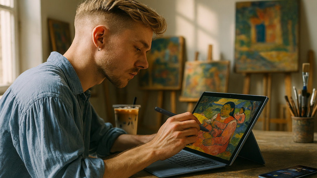 Artist in his studio, drawing on his Surface Pro with Slim Pen