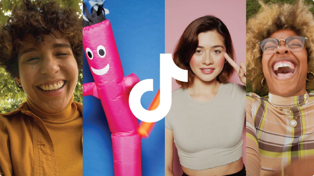Side by side panels of woman smiling, balloon puppets, young woman pointing to her eye, woman laughing, TikTok logo