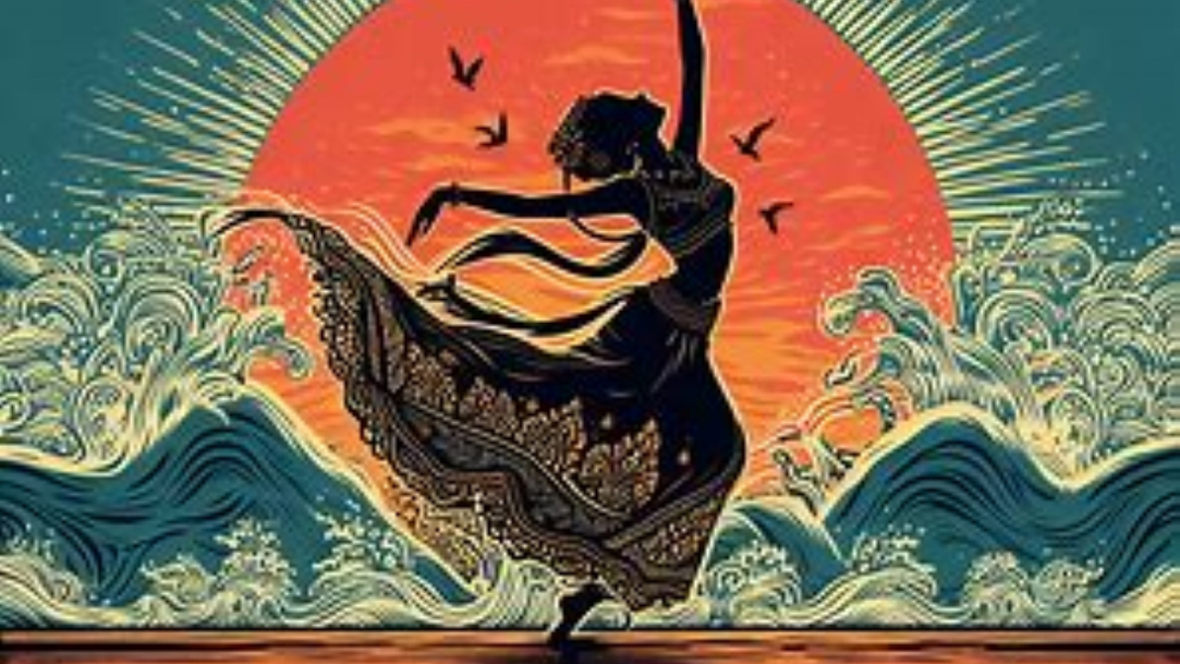 Batik-style illustration of a woman dancing in front of a sunrise