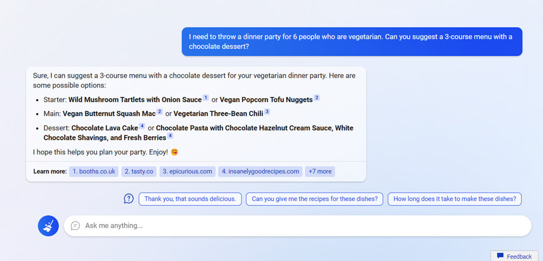 Bing Chat conversation about throwing a dinner party