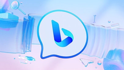 L’icône de Bing Chat devant des éléments décoratifs bleu et rose