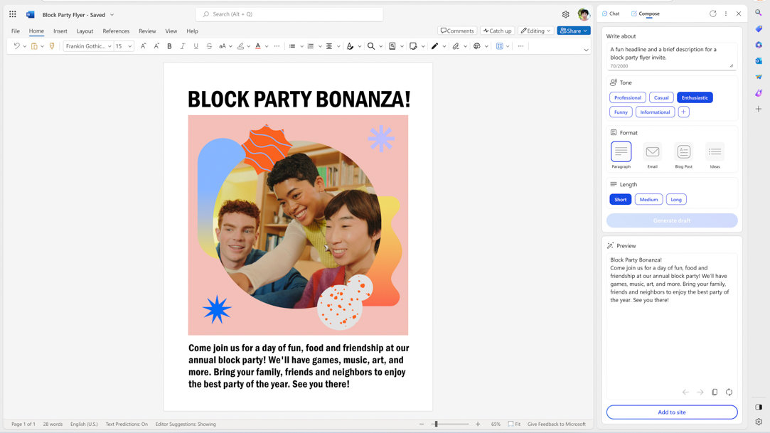 Block party flyer created with Microsoft Copilot in Edge sidebar