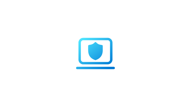 Blue outline of laptop open with solid blue shield in center