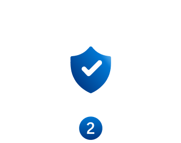 Blue, shield icon with checkmark inside and a number two underneath