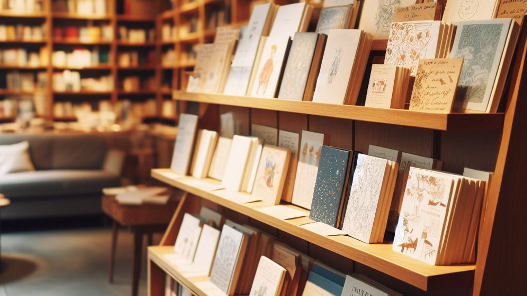 Books sitting on a display case in a bookstore