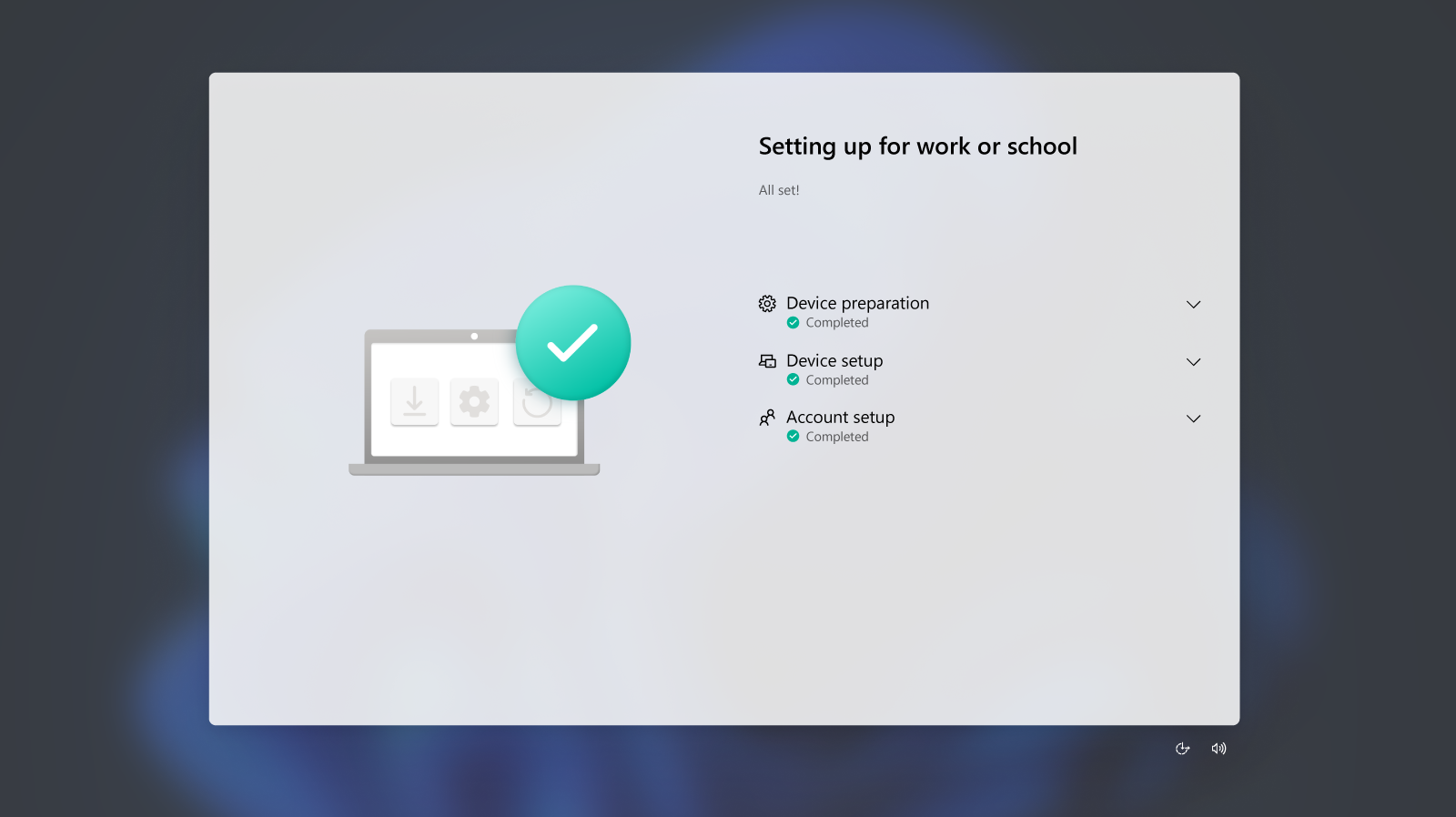 A conceptual illustration of a laptop screen with a few setup options, including Device preparation, Device setup and Account setup